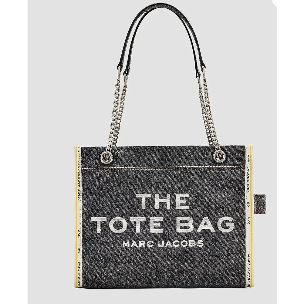 Marc Jacobs Dark Gray Denim Tote with Yellow Stitching and Chain Straps