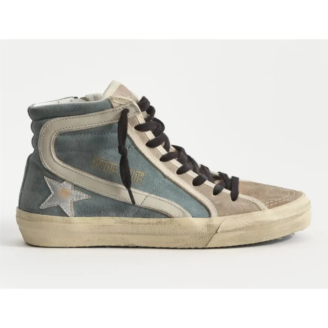 Golden Goose D5972 Suede Slide Sneakers in Blue Grey Silver Size 37