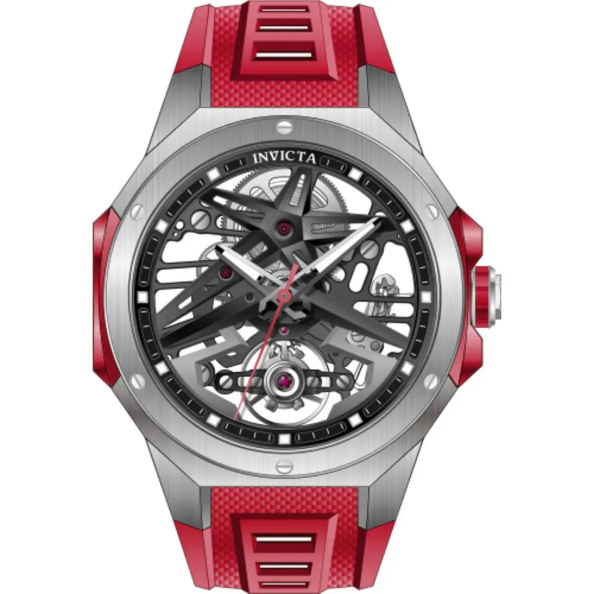 Invicta Celestial 69540 Men`s Skeleton Mechanical Watch Red 43mm Rubber - Dial: Silver, Skeleton, Band: Red