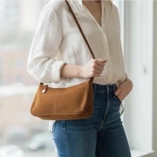 Tanzie Suede Shoulder Bag Brown Beige Gold Plate Hardware by Steve Madden
