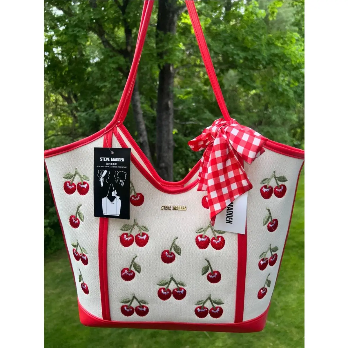 Cherry Embroidered Bproud Large Shoulder Tote Natural/red by Steve Madden