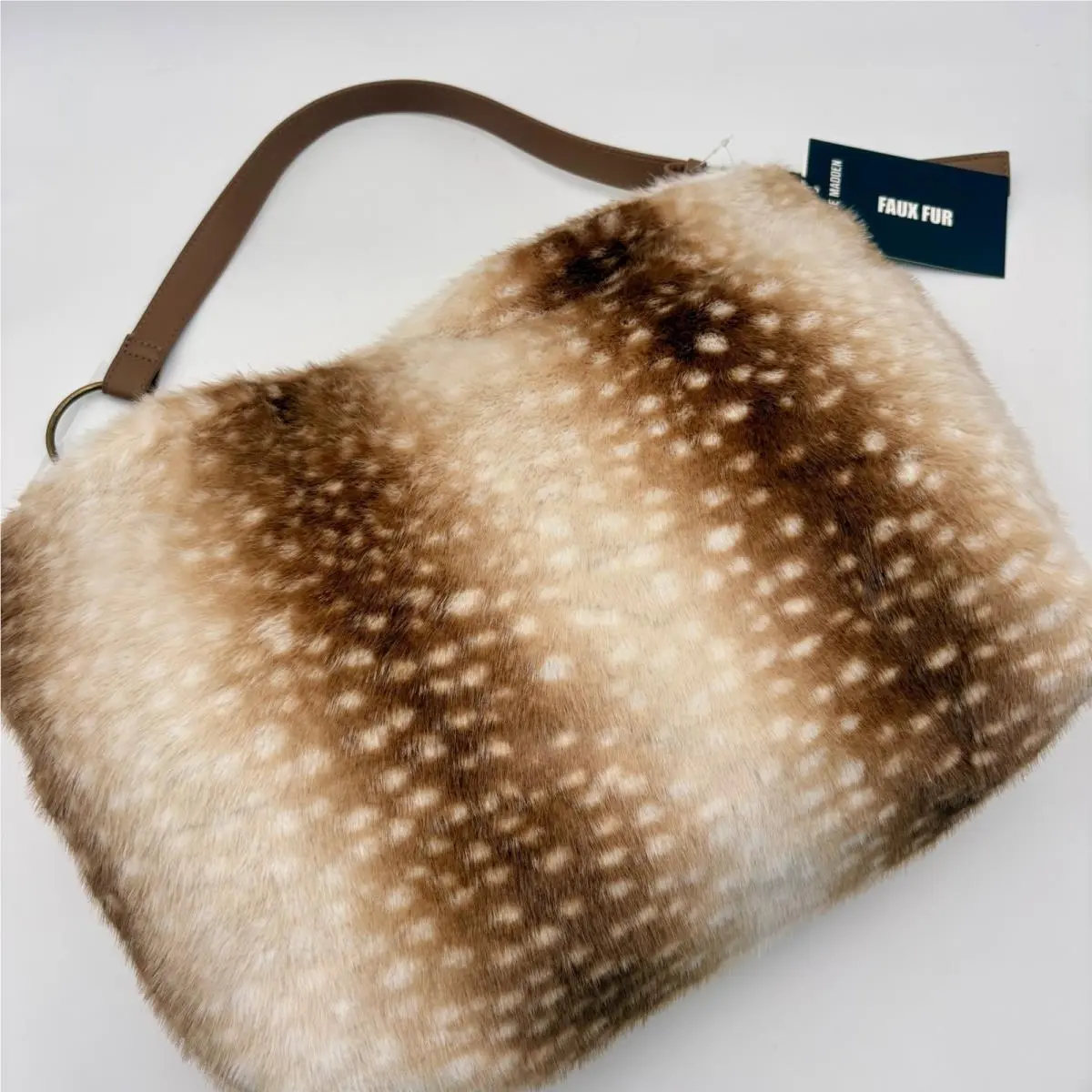 Bwaller Fur Spotted Deer Print Shoulder Hobo Bag Brown Cream by Steve Madden