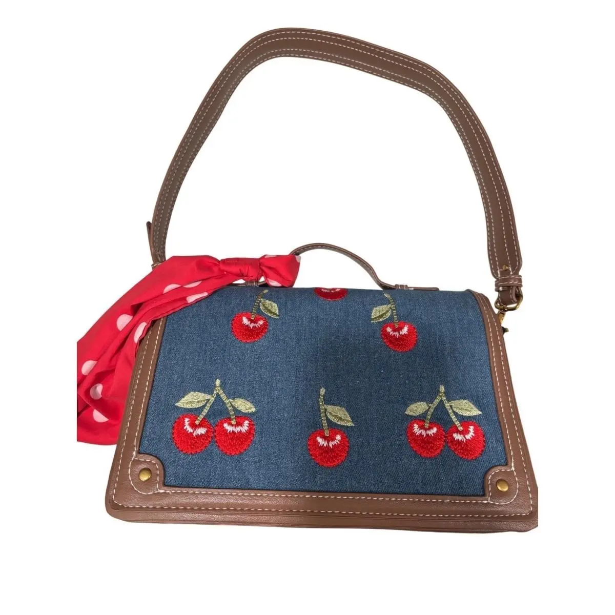 Cherry Embroidered Denim Satchel Crossbody Bag Scarf Coquette by Steve Madden