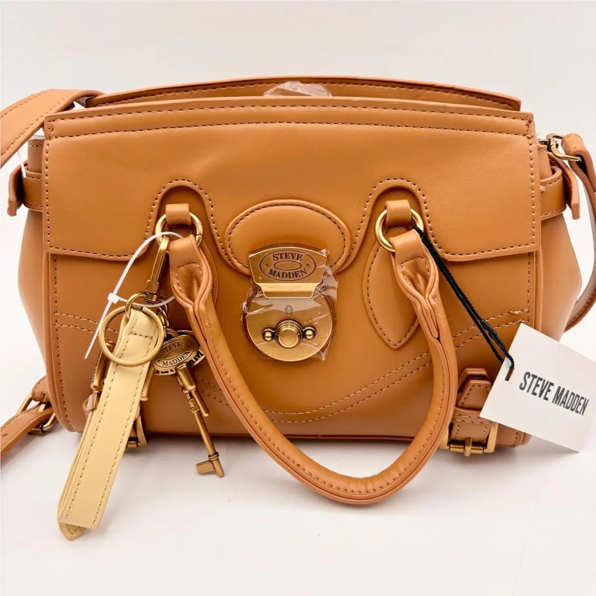 Bclipp Hazelnut Vegan Leather Satchel Crossbody Bag with Key Charms by Steve Madden