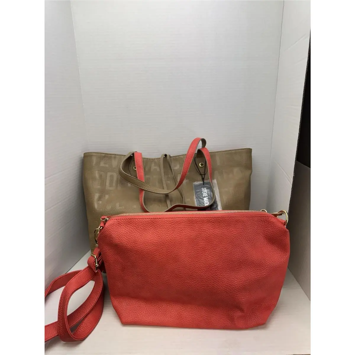 Tote Bag Set Taupe Logo Embossed with Coral Crossbody Pouch by Steve Madden