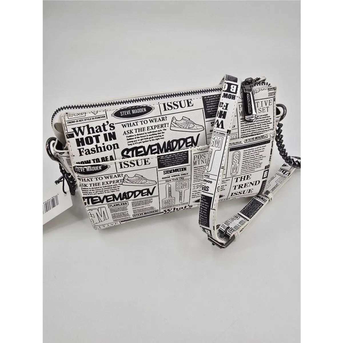 Newsprint Blexi Top Zip Crossbody Bag Black and White by Steve Madden