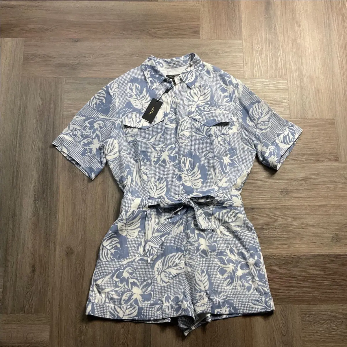 Rag Bone Blue Multi Surplus Cotton Silk Floral Romper Womens 6 Blue White