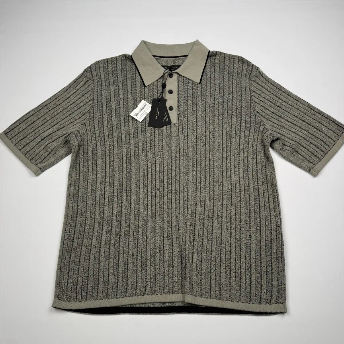 Rag Bone Polo Shirt Mens Medium Gray Leaf Harvey Garment Dyed Knit Stripe