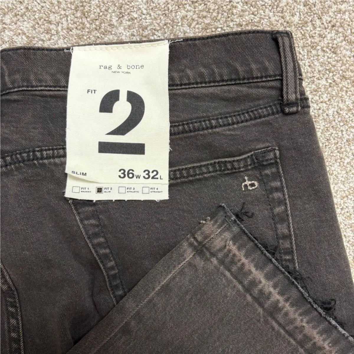 Rag Bone Fit 2 Jeans Mens 36x32 Black Slim Raw Frayed Hem Stretch