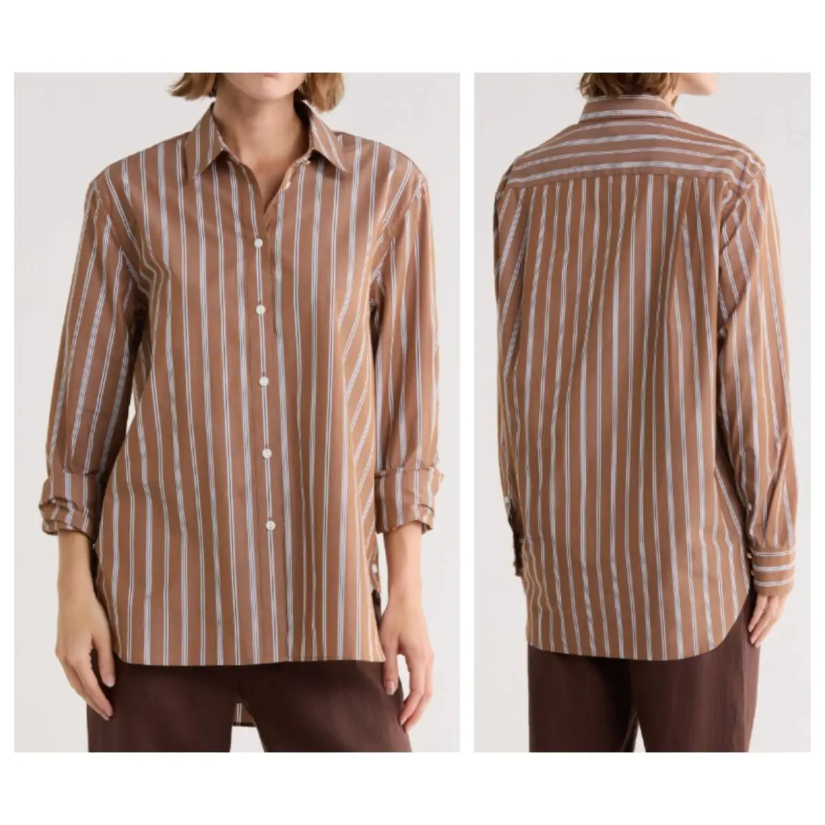 Rag Bone Women Monty Caramel Stripe Side Button Long Sleeve Blouse XS
