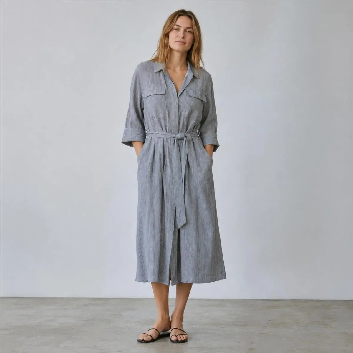 Rag Bone Linen Striped Midi Shirt Dress Womens L Blue Belted 3/4 Sleeve