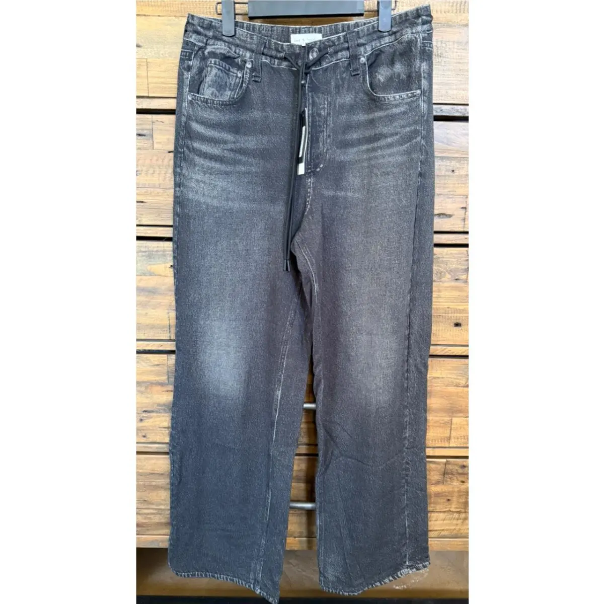 Rag Bone Miramar Terry Drawcord Pants Womens L Black Washed Wide Leg