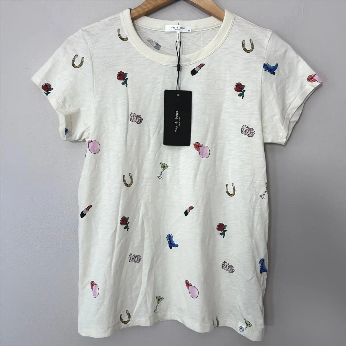 Rag Bone All Over RB Patch Tee Womens M Ivory Embroidered Graphic Shirt