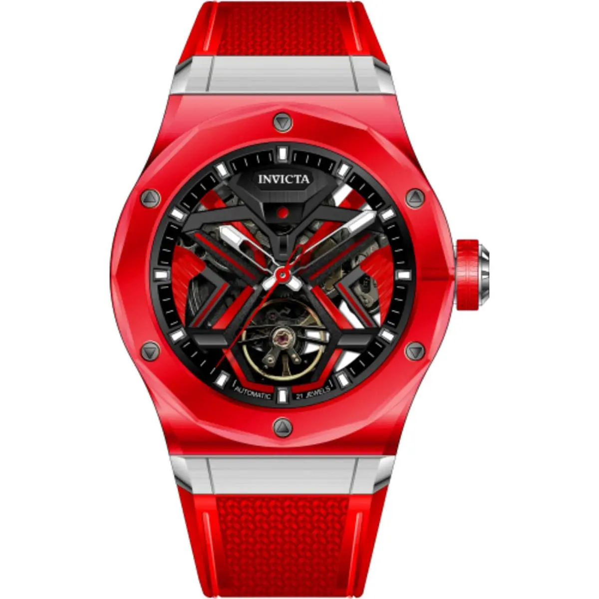 Invicta Celestial 69542 Men`s Mechanical Watch Silver 45mm Red Rubber K9 Glass