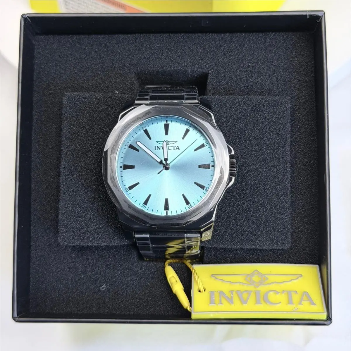 Invicta Mens Watch Blue Sunray Dial Black Stainless Steel Bracelet K-37