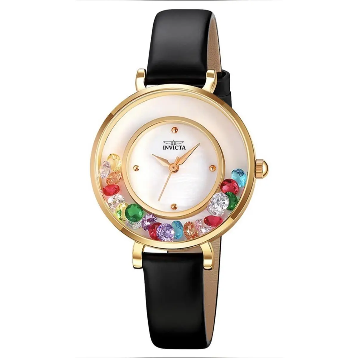 Celestial Lady 33mm Gold Tone White Gold Metal Dial Leather Band 70344 by Invicta