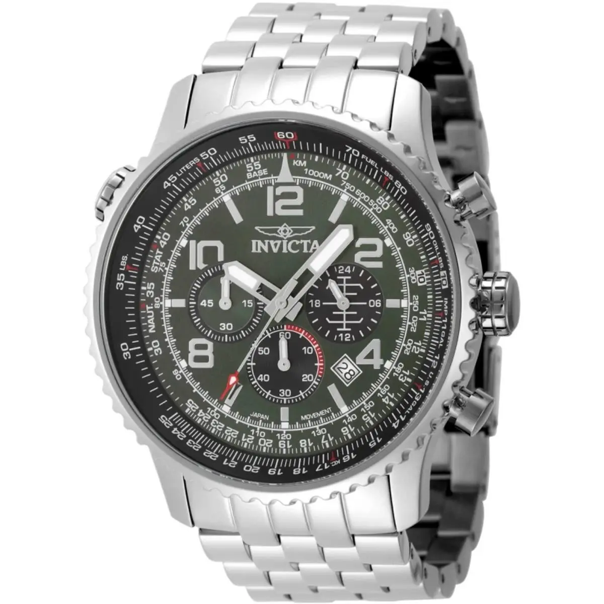 Invicta Aviator 49080 Men`s 49.5mm Green Dial Stainless Steel Quartz Watch