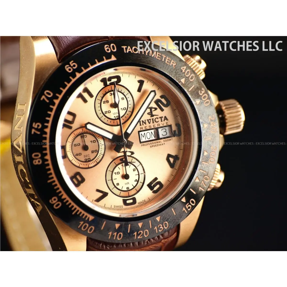 Speedway Swiss Made Automatic Chrono Roe Gold IP Leather SS Watch by Invicta