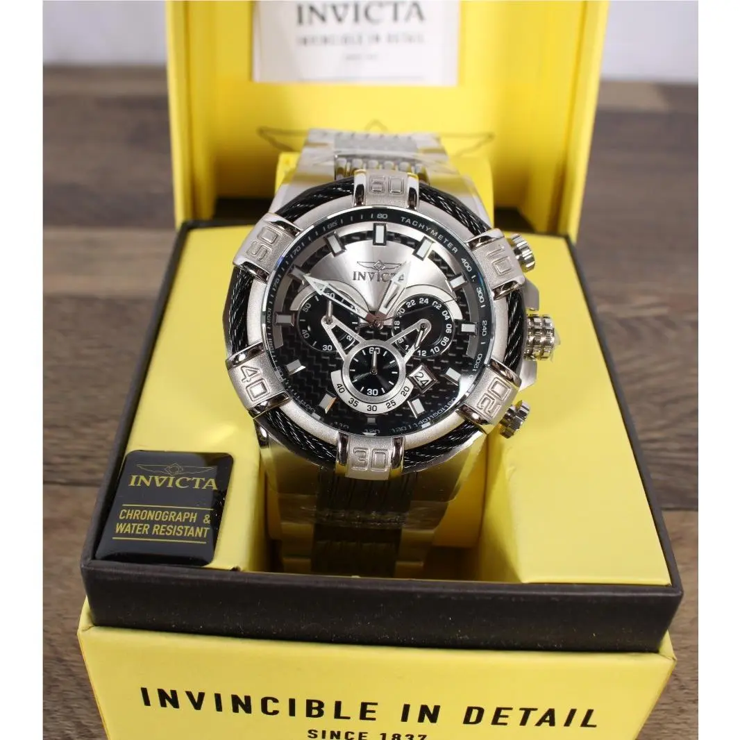 Invicta Men`s 230110 Chronograph Stainless Steel Watch Silver Black Box