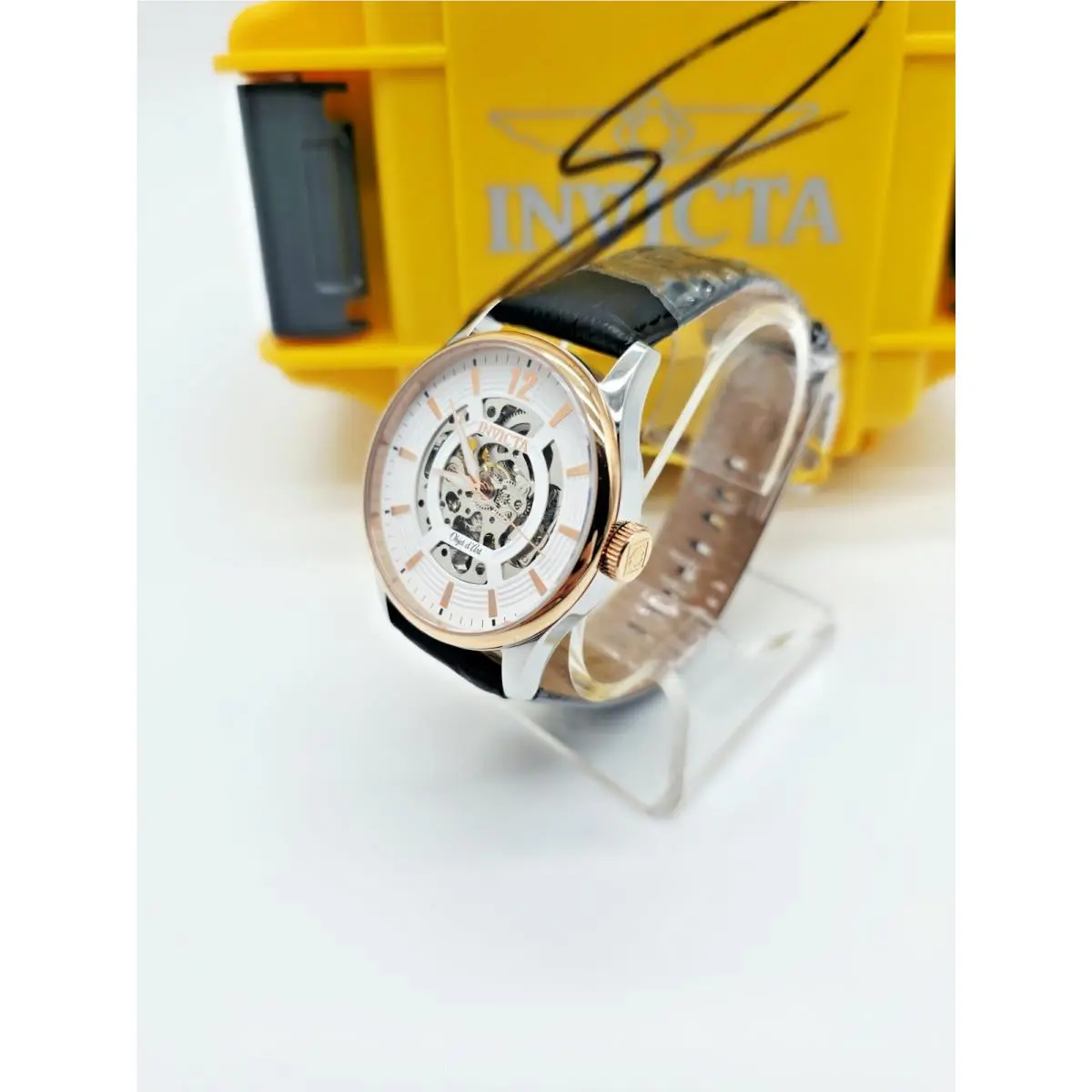 Invicta Object D Art Automatic Mens Watch 44mm Rose Gold Flame Leather 27573