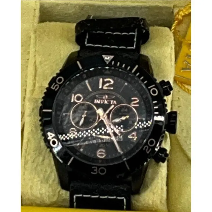 Invicta Aviator Men`s Black Quartz Leather Watch with Stainless Steel Case 2455