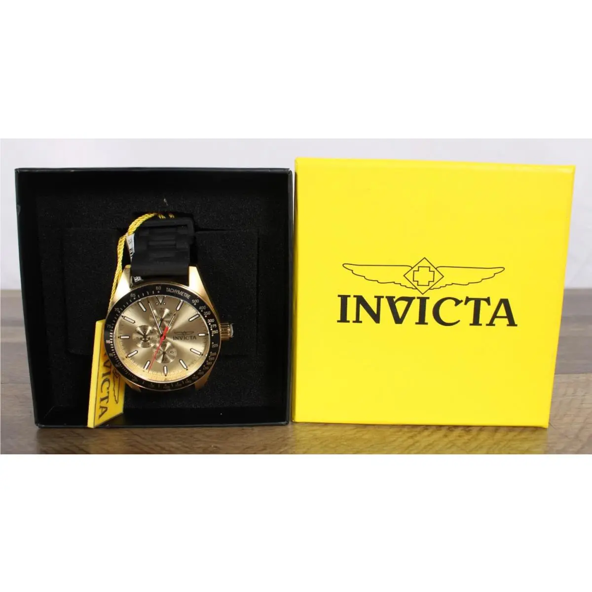 Invicta 48678 Men`s Chronograph Watch Gold Tone Black Strap 100M w/ Box