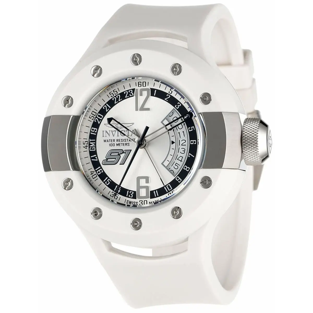 Invicta 1368 S1 Rally Swiss Gmt Silver Dial White Polyurethane 52mm Watch