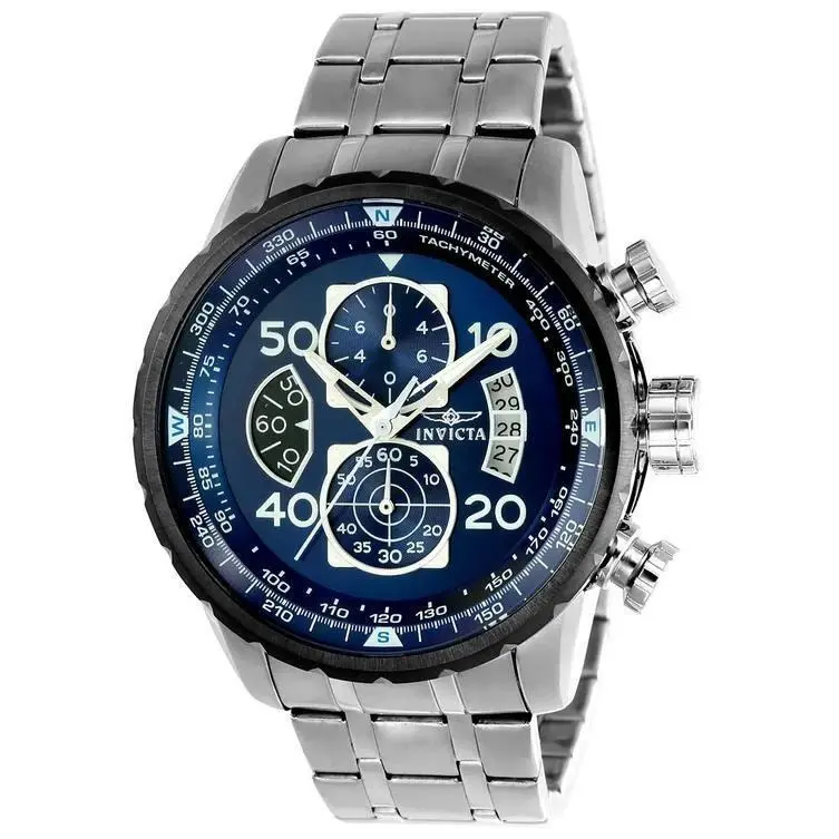 Invicta Men`s Stainless Steel Chronograph Wristwatch with Blue Dial