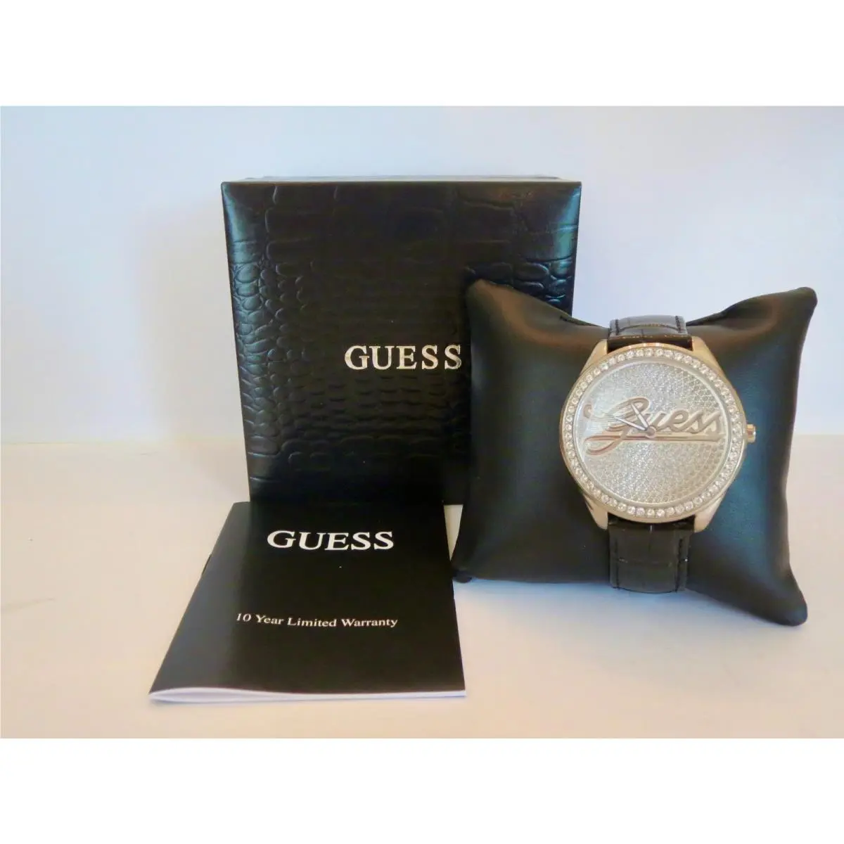 Guess Glitter Girl Silver Tone Glitter Dial Watch U75033L2 Guess Logo Black Band