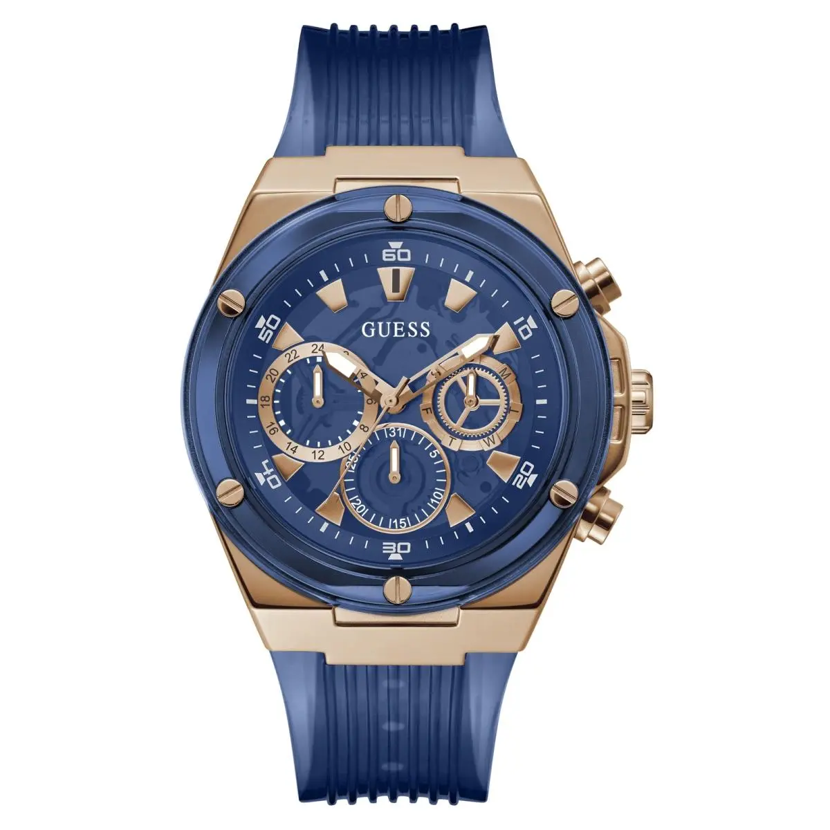 Guess Men`s Sport Multifunction 46mm Watch – Blue Dial Rose Gold-tone Stainless