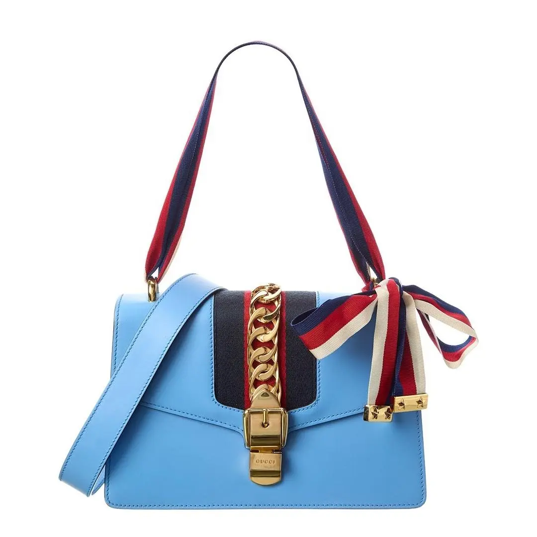 Blue Calf Leather Sylvie Shoulder Bag Pre-loved Women`s by Gucci