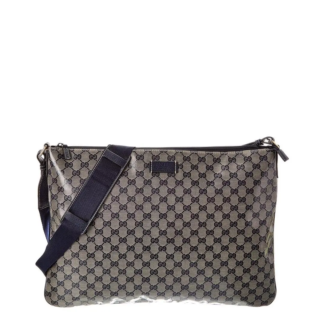 Navy Canvas Leather Wide Flat Messenger Pre-loved Women`s by Gucci