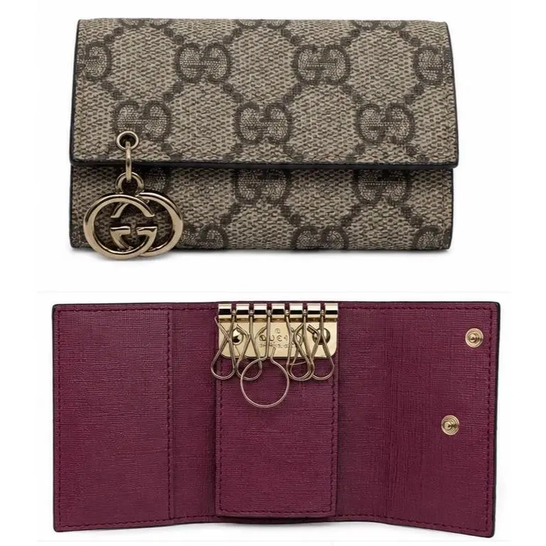 Gucci GG Supreme Monogram Key Case Holder Gold GG Charm Pink Leather Box