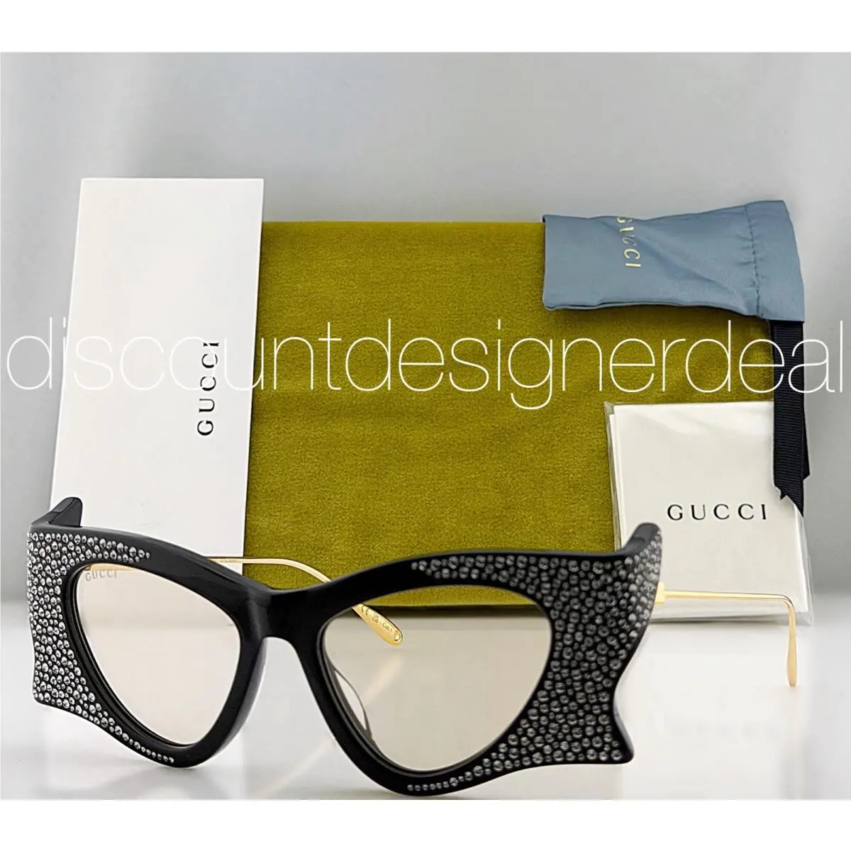 Gucci GG 1328S 004 Rhinestone Crystal Cat Eye Black Gold Eyeglasses 51mm