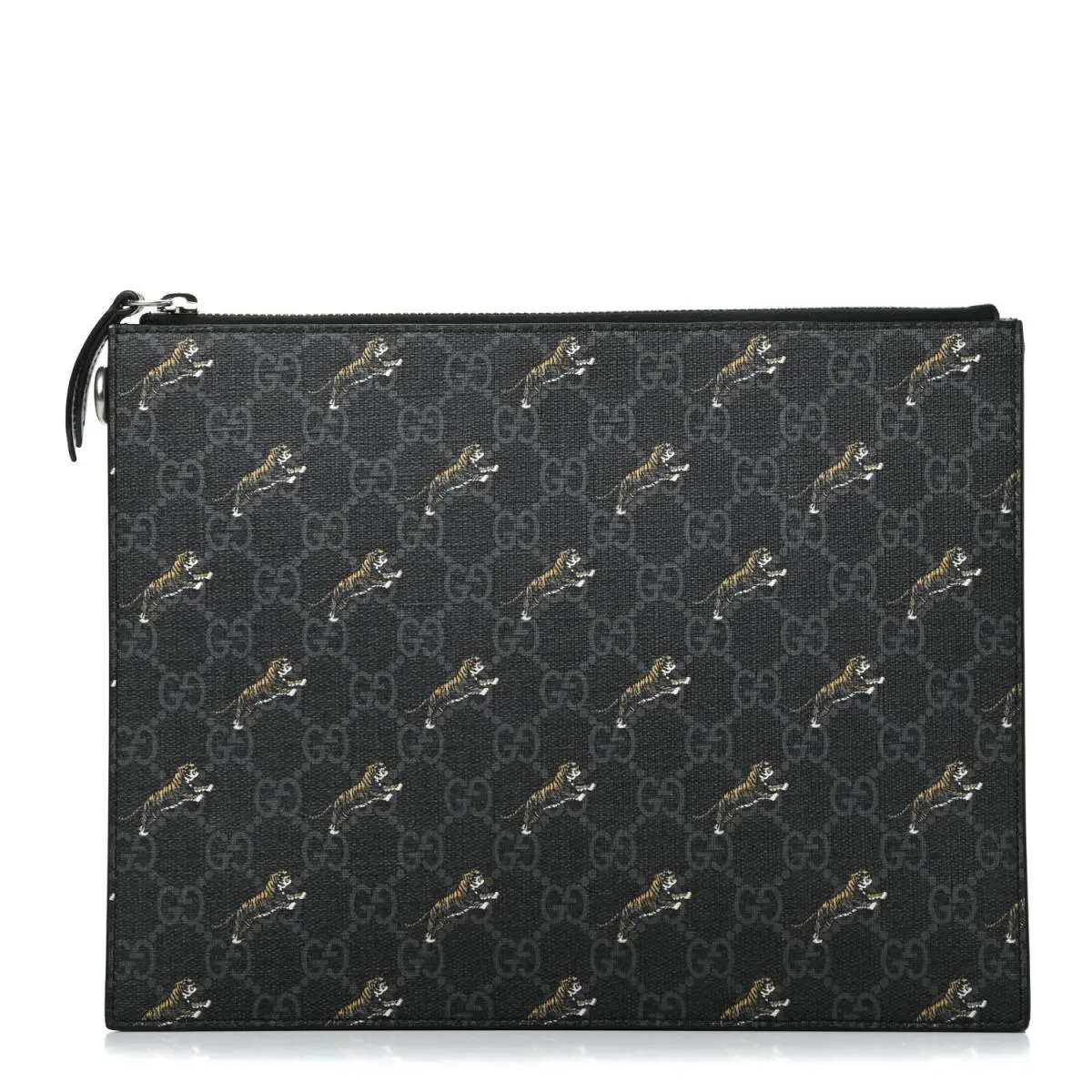 GG Supreme Black Monogram Tiger Print Canvas Clutch Wristlet Bag by Gucci