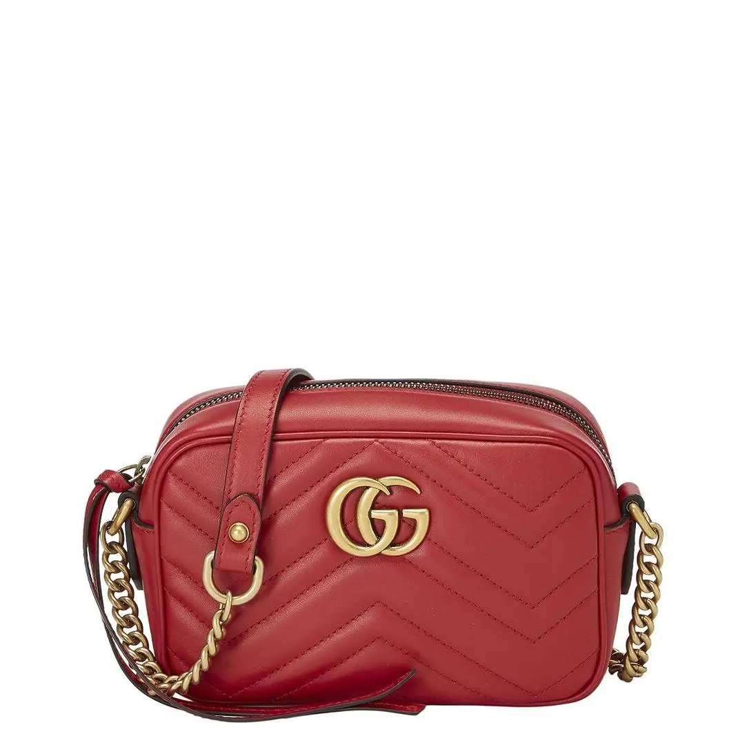 Gucci Red Leather Gg Marmont Crossbody Bag Mini Pre-loved Women`s - Exterior: Red