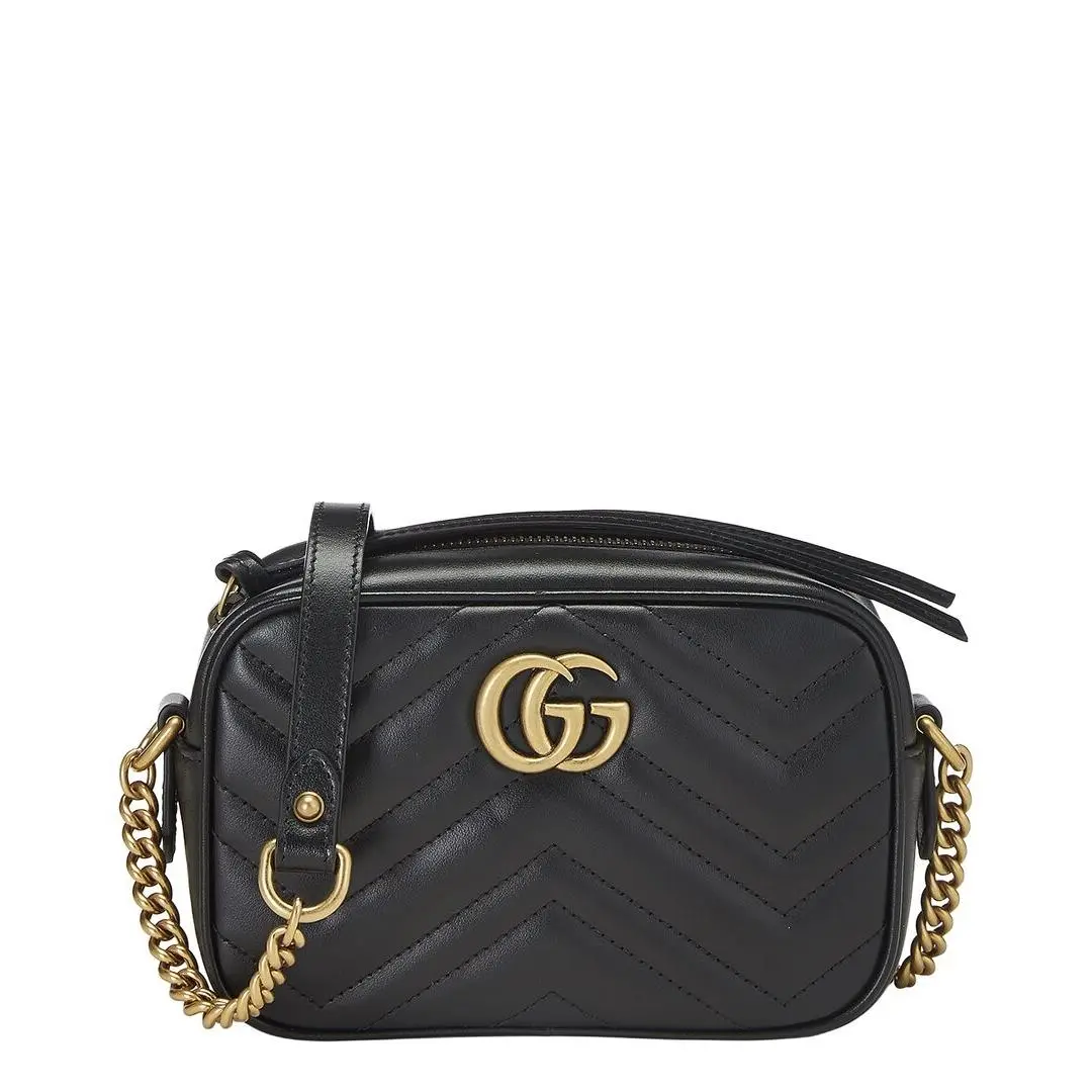 Gucci Black Leather Gg Marmont Crossbody Bag Mini Pre-loved Women`s