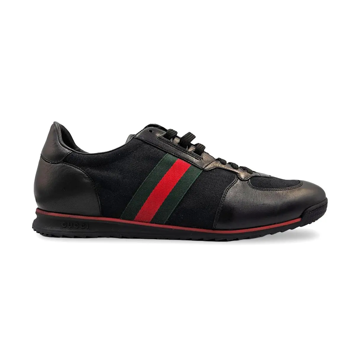 Gucci D6874 Mens Black Leather GG Guccissima Web Stripe Sneakers Size 13.5 G