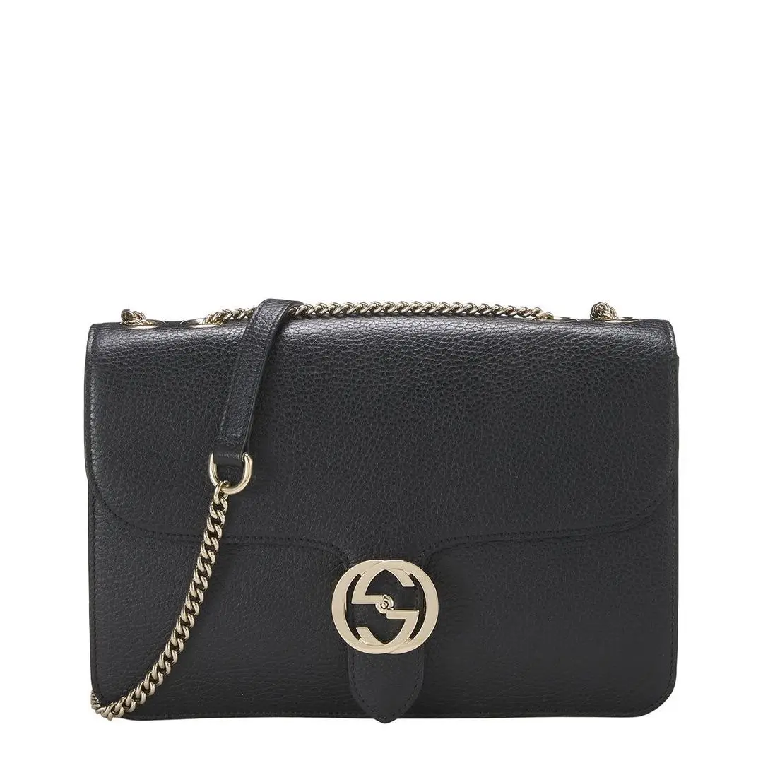 Gucci Black Leather Interlocking Crossbody Large Pre-loved Women`s