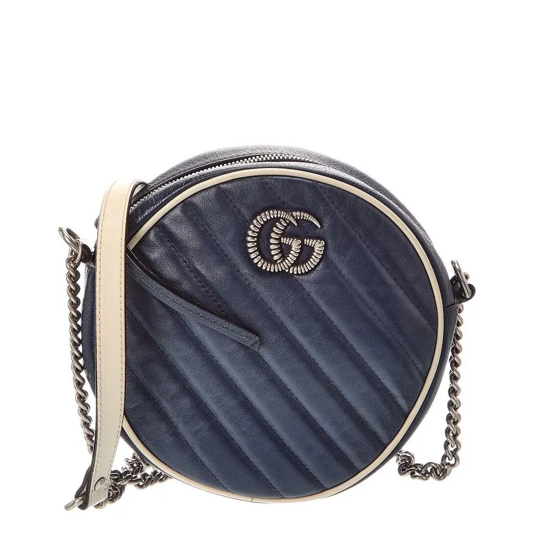 Gucci Blue Matelasse Diagonal Leather Mini Torchon Gg Marmont Round Crossbody - Exterior: Blue
