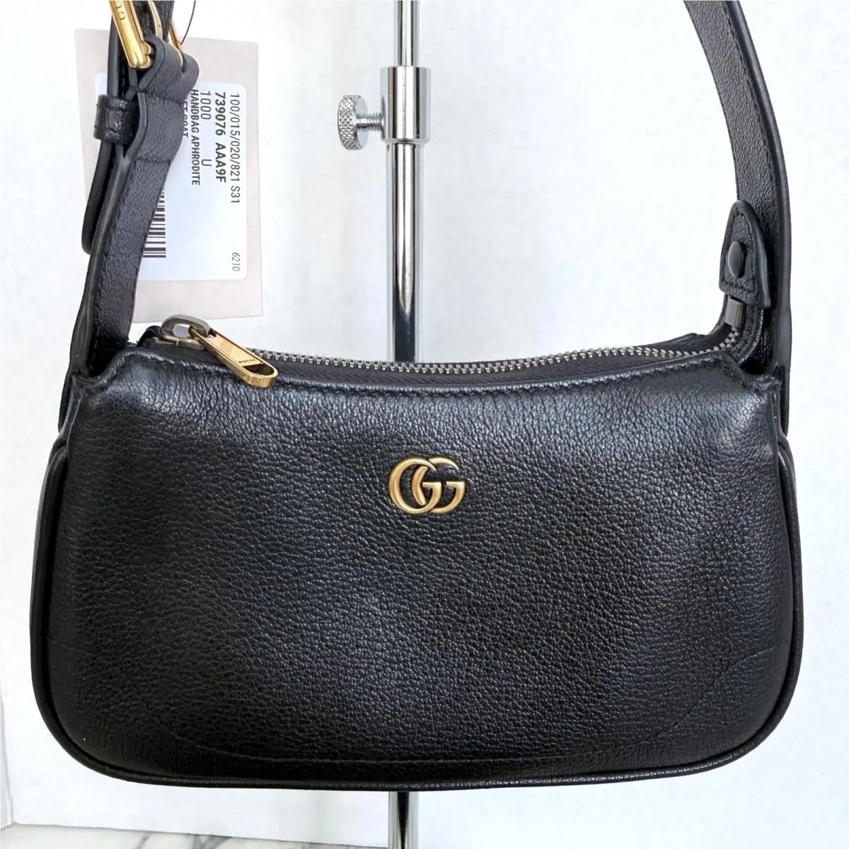 Gucci Aphrodite Small Shoulder Bag Black Grained Leather Gold Hardware 739076