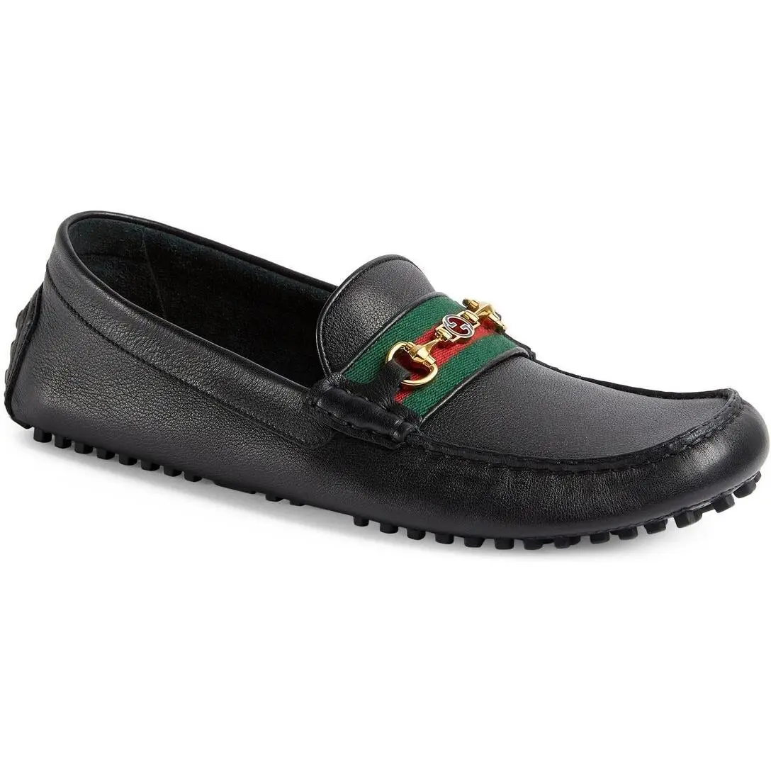 D3915 Black Leather Green Interlocking G Horsebit Driver Shoes Size 11 G by Gucci