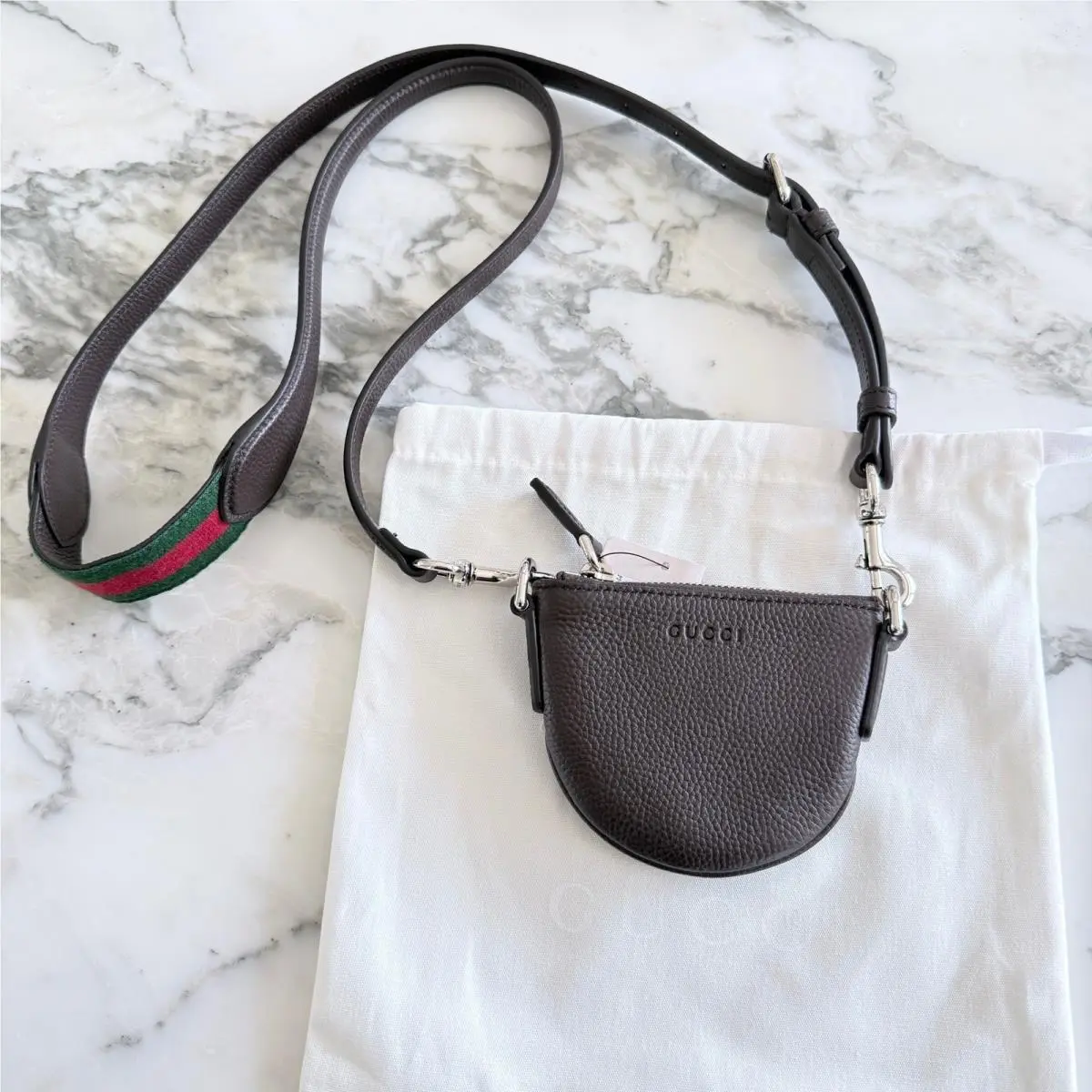 Gucci 821831 Cocoa Brown Pebbled Leather Mini Shoulder Bag with Web Stripe Strap