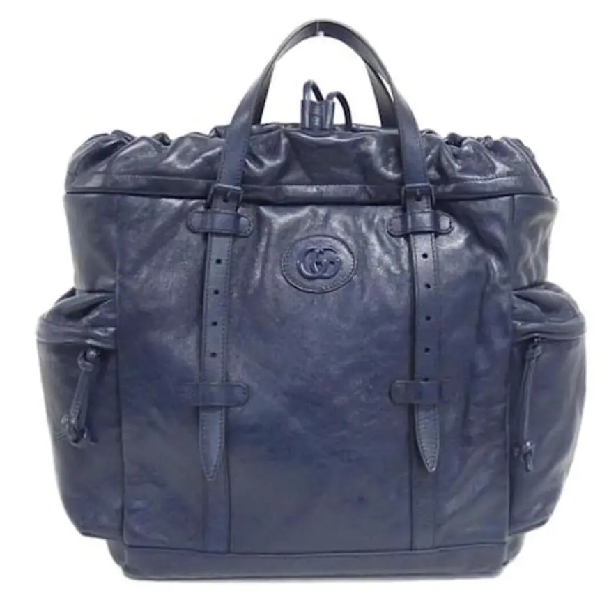 Blue Leather Drawstring Tote Bag with Tonal Double G Logo by Gucci