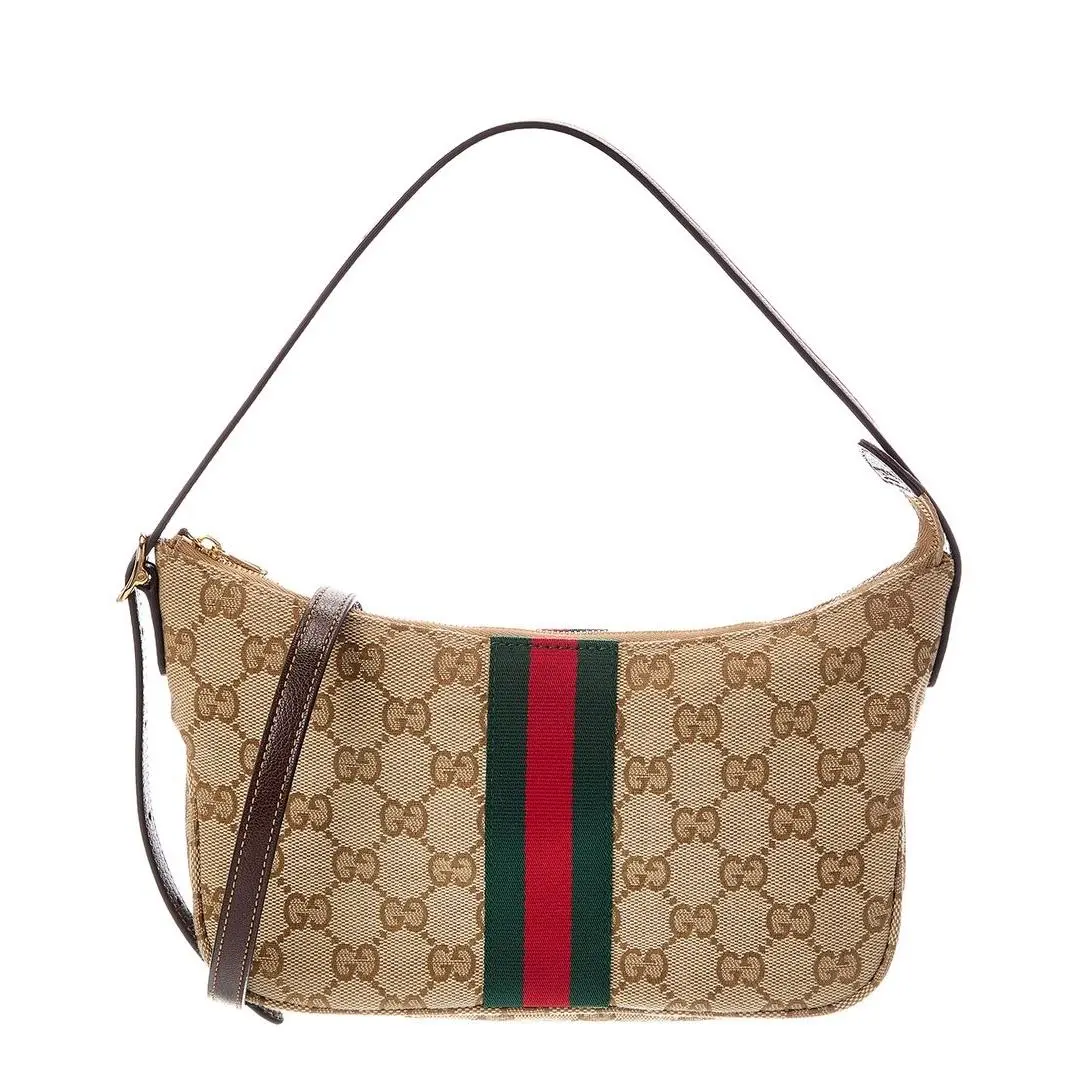 Gucci Lunetta Small Gg Supreme Canvas Leather Shoulder Bag Men`s Beige