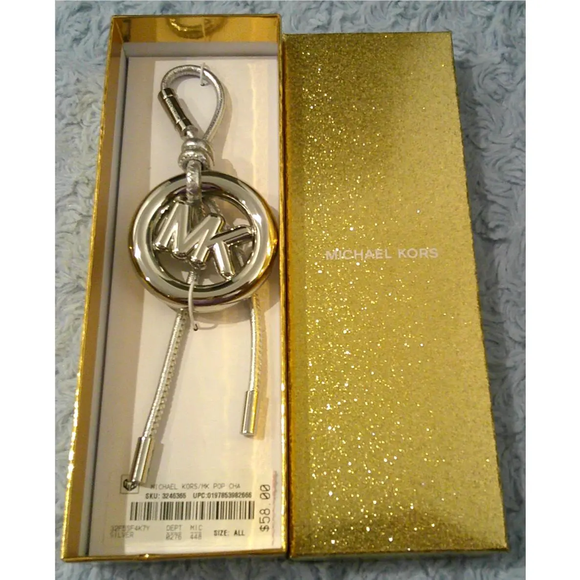 Michael Kors Silver Argent Leather Circle Bubble MK Bag Charm
