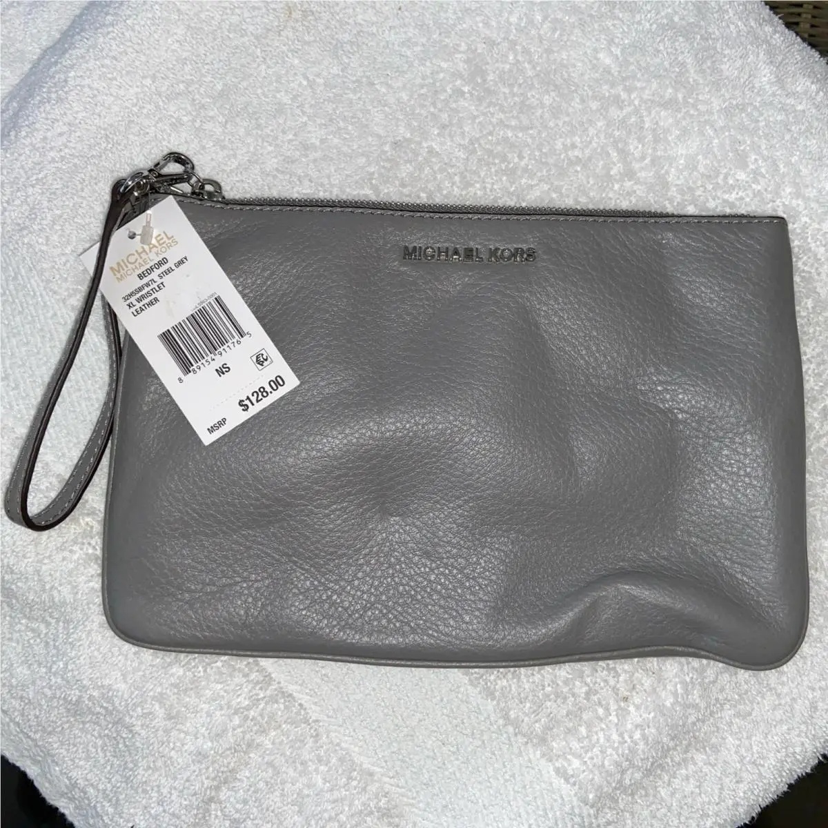 Michael Kors Bedford XL Large Wristlet Leather Steel Grey Clutch Bag 32H5SBFW7L