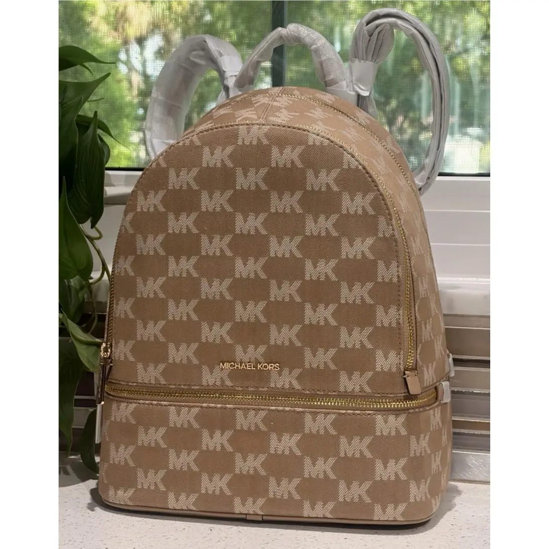 Michael Kors Rhea Medium Zip Backpack Bag Travel Tote MK Camel Tan Brown MK Logo