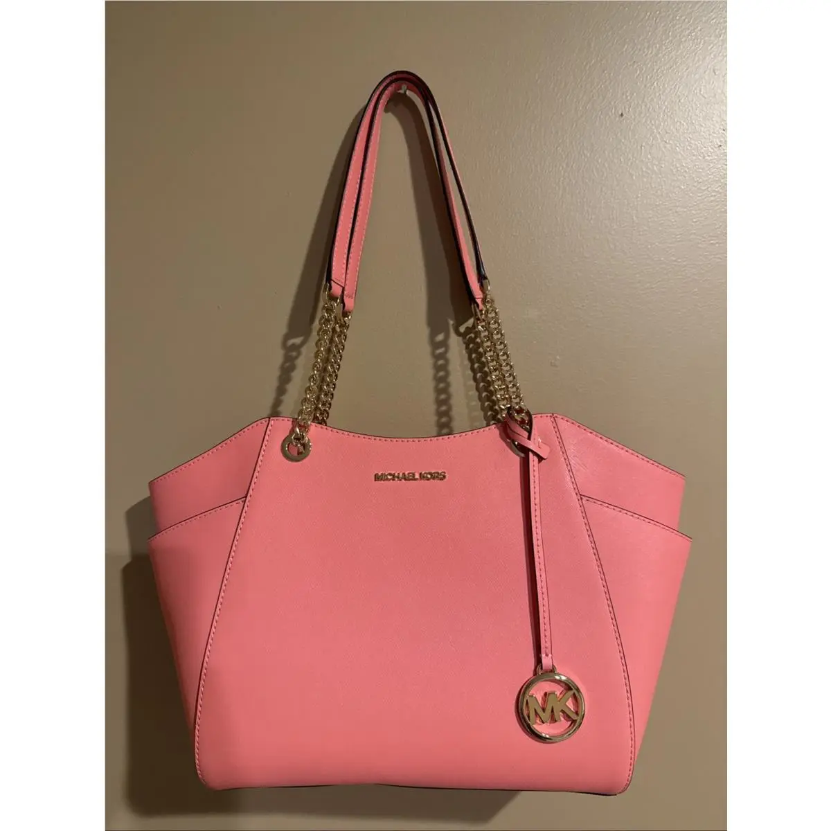Michael Kors Large Shoulder Bag Tote Purse Gold Chain Leather Pink Grapefruit