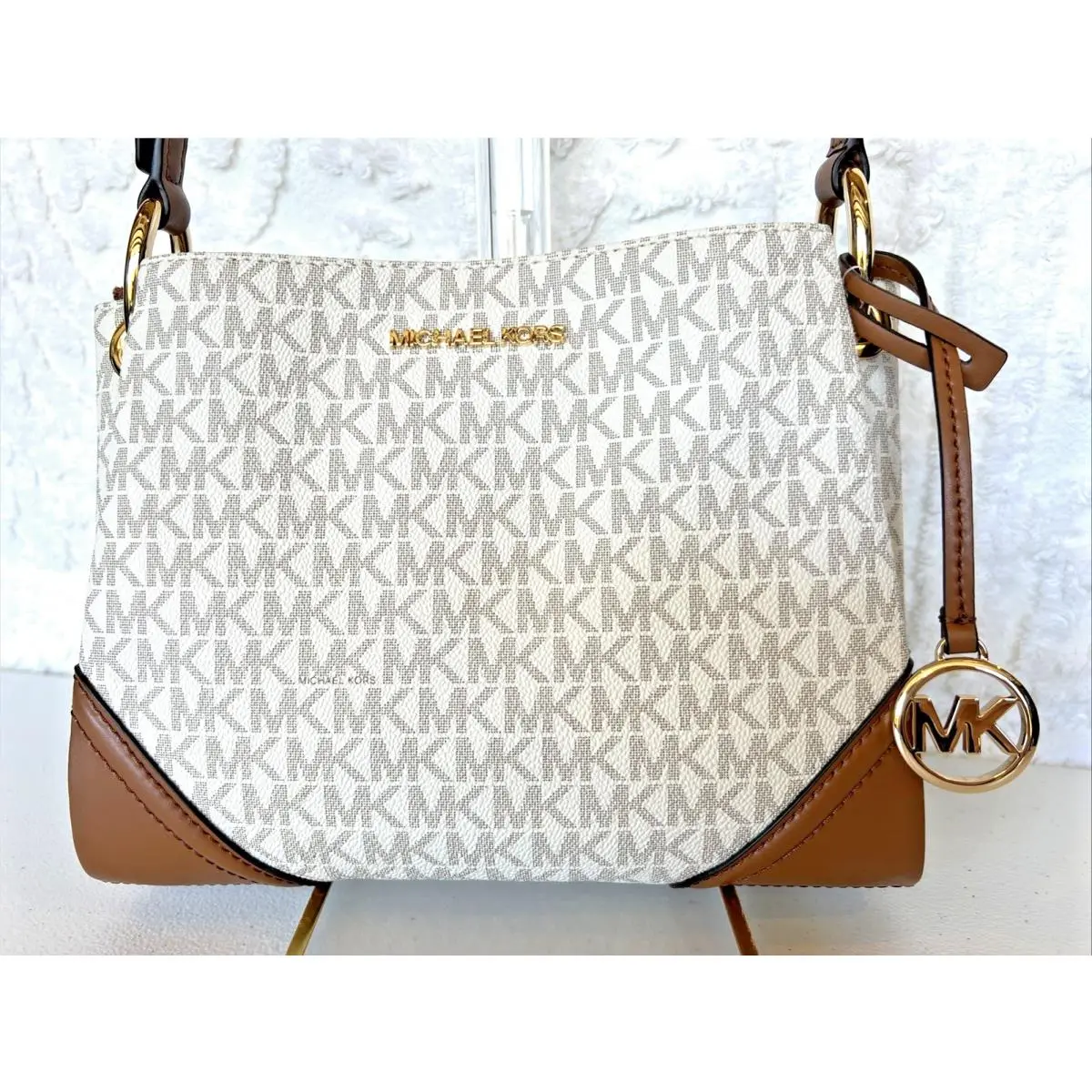 Nicole Large Logo Crossbody Bag Vanilla Signature Logo by Michael Kors